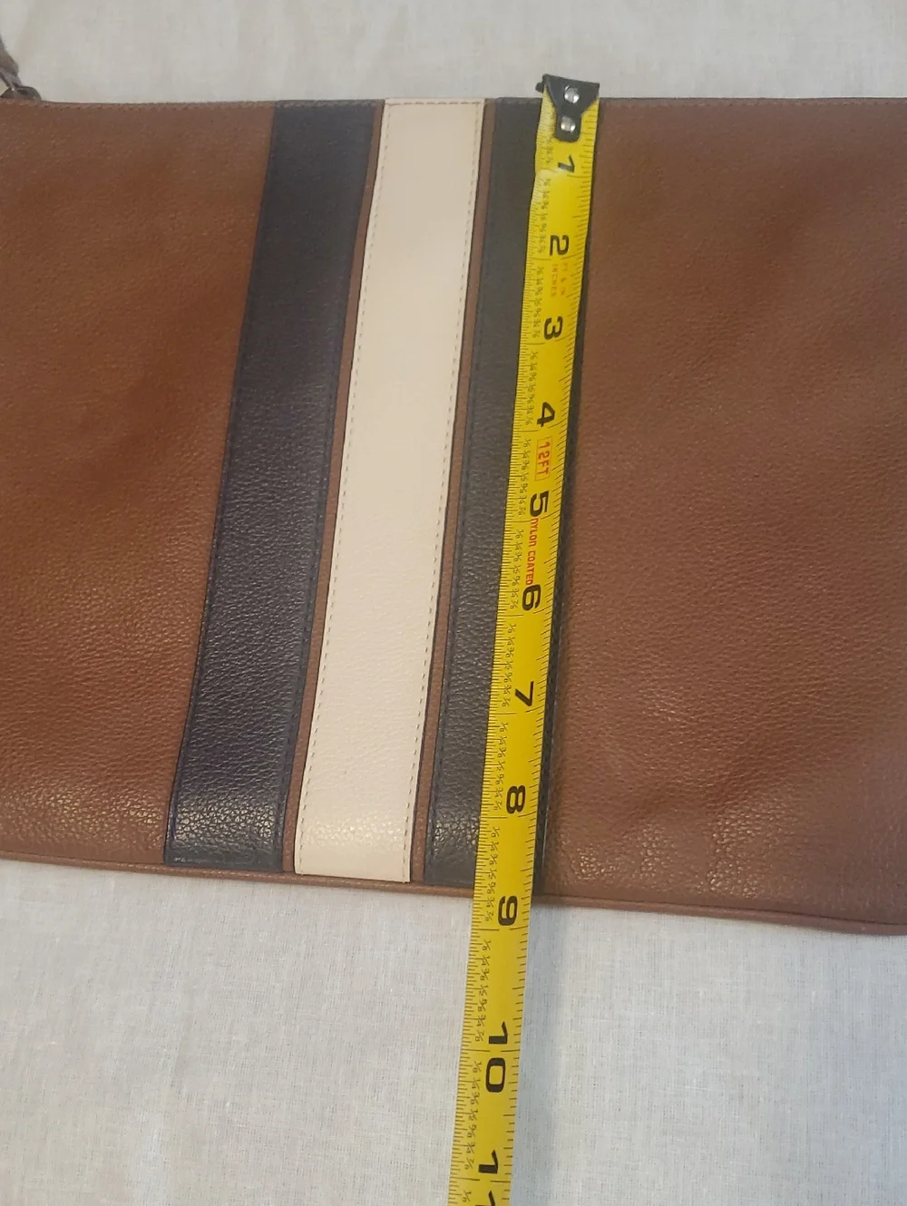 Coach Brown Leather Laptop Pouch with Navy and Cream Stripes